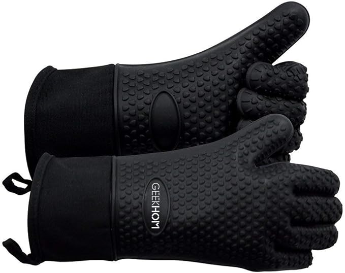 GEEKHOM BBQ Gloves, Grilling Gloves Heat Resistant Oven Gloves, Kitchen Silicone Oven Mitts, Long Waterproof Non-Slip Pot Holder for Barbecue, Cooking, Baking, Black