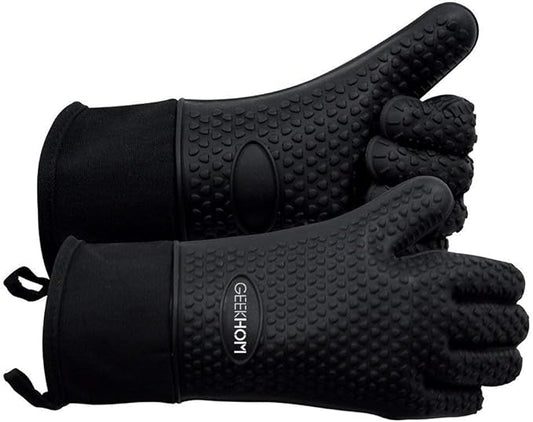 GEEKHOM BBQ Gloves, Grilling Gloves Heat Resistant Oven Gloves, Kitchen Silicone Oven Mitts, Long Waterproof Non-Slip Pot Holder for Barbecue, Cooking, Baking, Black