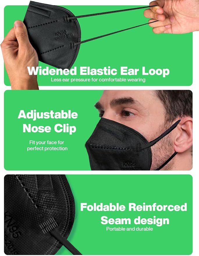 Boncare KN95 Face Masks 50 Pack, Black, 5-Layer Disposable Face Masks, Breathable and Comfortable