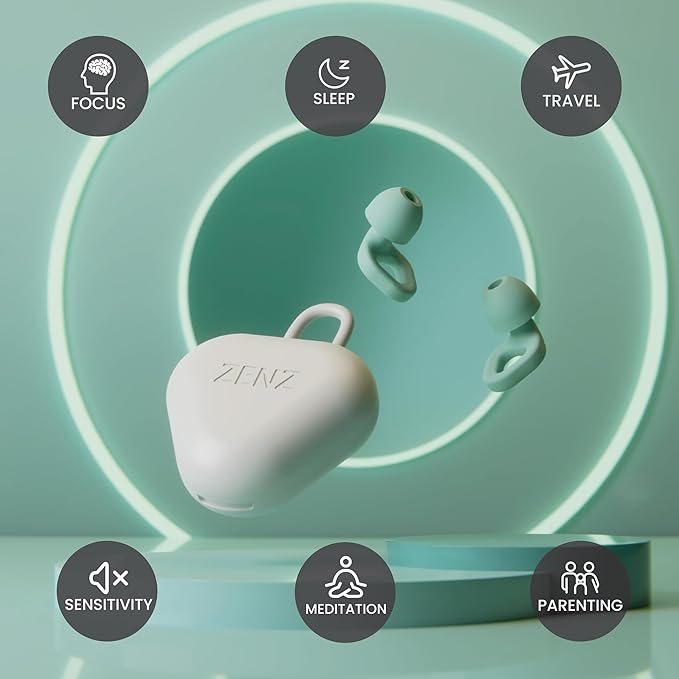 Zenz Unwind Ear Plugs for Sleeping Noise Reduction - Comfy Reusable Soft Silicone Earplugs for Focus, Study, Work - 8 Pair Eartips in XS/S/M/L - 27dB Hearing Protection with Storage Case - Mossy Mint