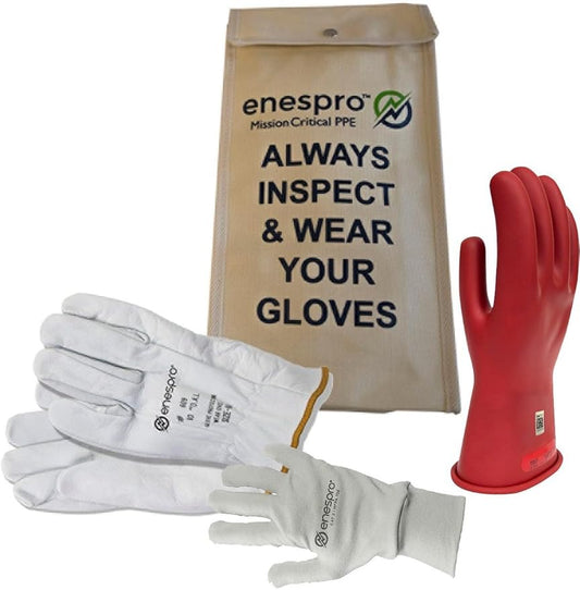Class 0 Yellow Rubber Voltage Insulating Glove Premium Kit with FR Knit Glove and Leather Protectors