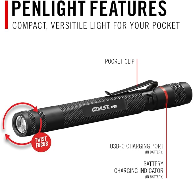 Coast HP3R 385 Lumen Rechargeable LED Penlight with Twist Focus, Green