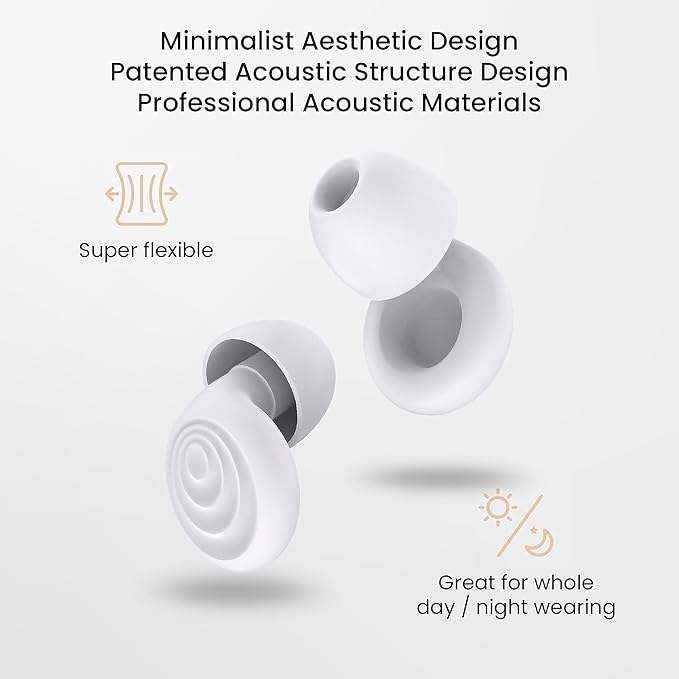 Ear Plugs for Sleeping Noise Reduction, Reuseable High Fidelity Earplugs, Concerts, Focus, Travel, Work, High Fidelity – 8 Eartips – Flexible Soft-Touch White