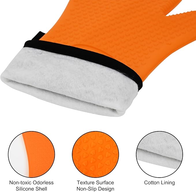 Heat Resistant Grilling Gloves for BBQ Silicone and Cotton Double-Layer Oven Mitts Waterproof Non-Slip Cooking Gloves (Orange)