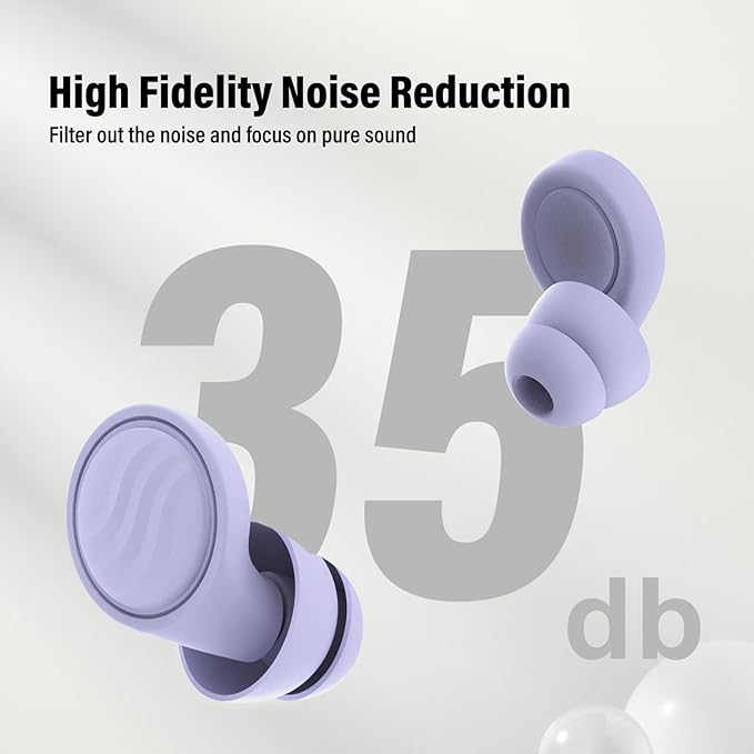 Ear Plugs for Sleeping Noise Cancelling - 35dB Reusable Ear Plugs with 7 Eartips and Carry Case - Flexible Hearing Protection - Replaceable Single/Double Eartips for Sleep, Focus, Travel, Work, Purple