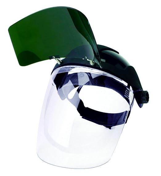 Sellstrom DP4 Face Shield - Lightweight Mask with High Impact Crown & Ratchet Headgear for Work, Grinding, Plasma/Flame Cutting - ANSI Z87.1 - Clear Anti Fog Polycarbonate Window - UV/IR Flip Up Visor