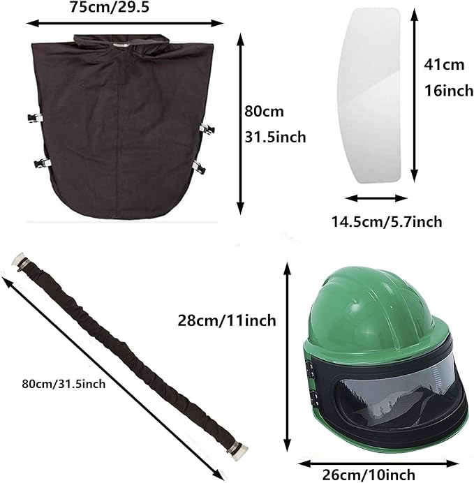 Professional Green Sandblasting Hood with 3 Replaceable Outer Lenses Dust Helmet for Sandblaster & Dustless Blasting Airflow Face Shield Compatible with Hazmat Suit