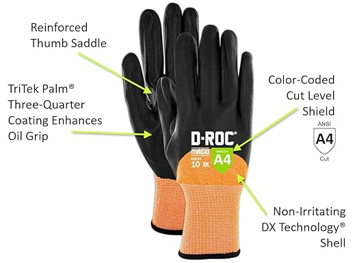 MAGID D-ROC ANSI A4 Oil & Liquid Absorbing TriTek Work Gloves, 12 Pairs, Size 8/Medium (DXG49)