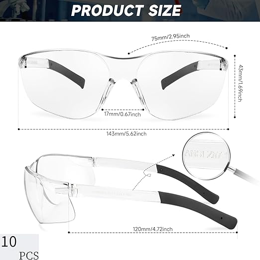 Clear Safety Glasses Bulk of 10 ANSI Z87.1 Protective Eyewear Scratch-Resistant for Work, Lab, Construction