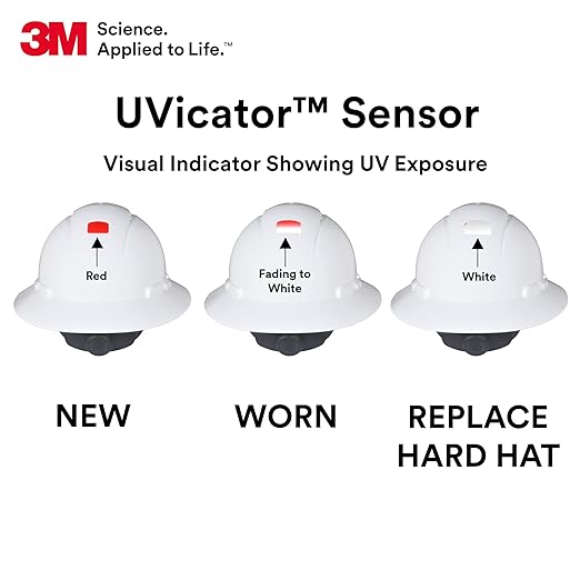 3M Hard Hat SecureFit H-801SFR-UV, White, Non-Vented Full Brim Style Safety Helmet with Uvicator Sensor, 4-Point Pressure Diffusion Ratchet Suspension, ANSI Z87.1