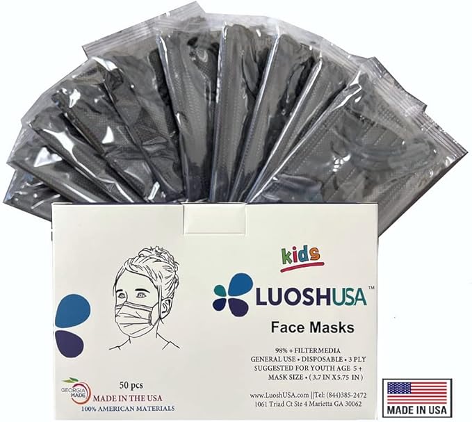 Face Masks Disposable Made in USA, 3 Ply Disposable Masks 50pcs,Adult Mask, Kids Mask, Black Masks, White Masks
