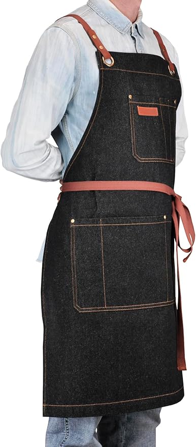 Professional Black Denim Apron with Pockets for Cooking Chef Kitchen Grill BBQ Hairstylist Painting, Mens Womens Apron with Leather Cross Back Straps