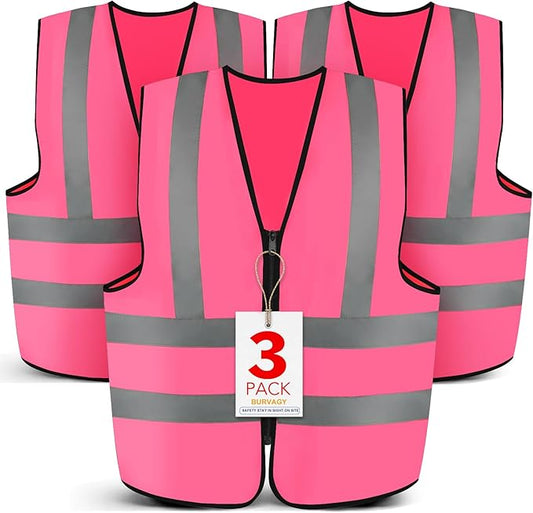 3-Pack Reflective Safety Vest For Women Men - High-Visibility Safety Vest with 2in Reflective Strips for Emergency, Construction, and Safety Use-Pink XL