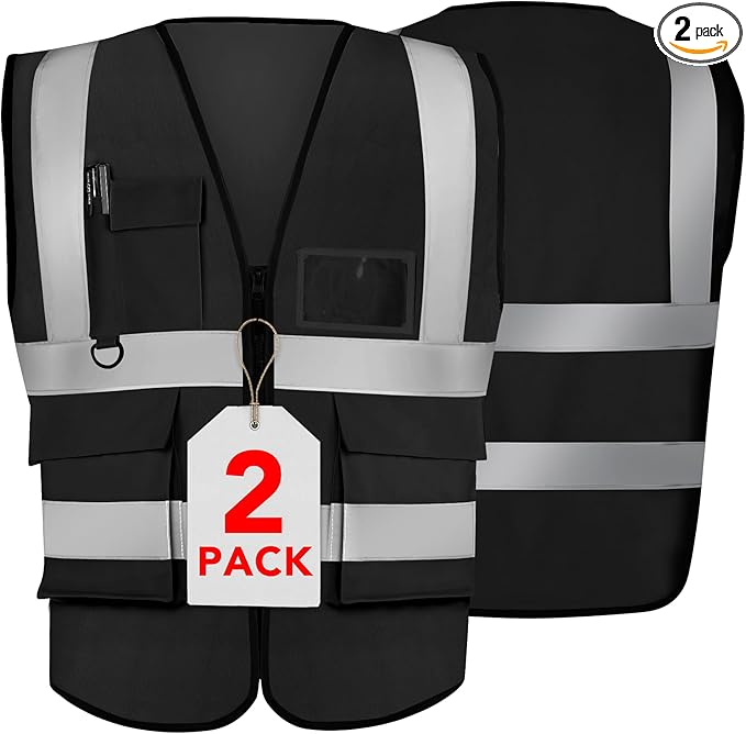 XPCARE 2-Pack Reflective Safety Vests with Pockets,Hi Viz Zipper Front Safety Vest,High Visibility Reflective Strips Working Vest-Black(X-Large)