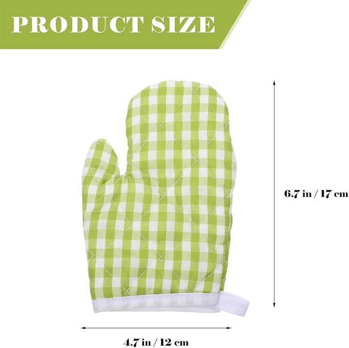 2Pcs Oven Mitts for Play Kitchen, Anti- Scald Gloves Microwave Oven Gloves Kitchen Mitts for Safe Baking Cooking ( Green Checkered )