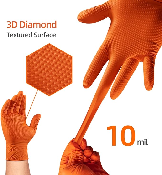 10 Mil Nitrile Disposable Gloves Heavy Duty Mechanic Gloves Raised Diamond Texture Thick (Orange of 1000,Medium)