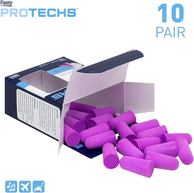 Flents Protechs Foam Ear Plugs, 10 Pair with Case for Sleeping, Snoring, Loud Noise, Traveling, Concerts, Construction, Studying, Work, Shooting, NRR 33, Purple, Disposable, Made in the USA