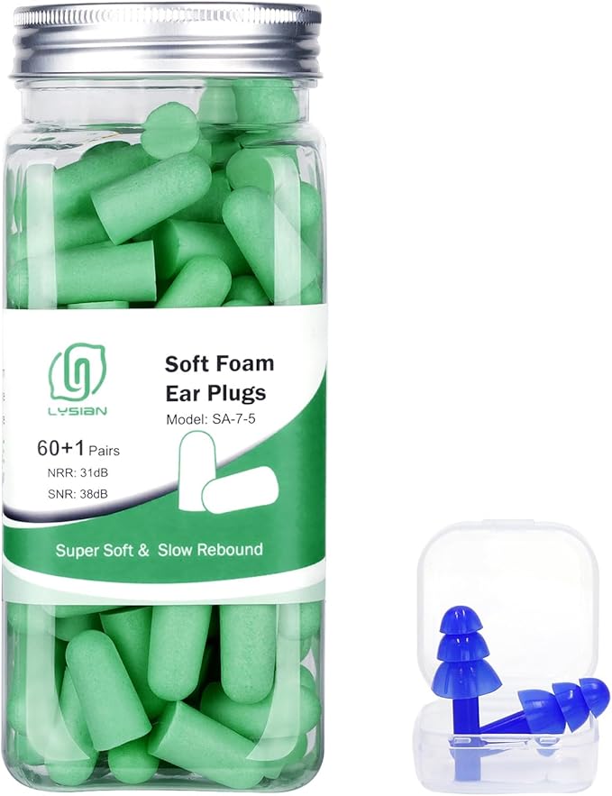 LYSIAN Ultra Soft Foam Earplugs for Sleep – 38dB SNR Disposable Ear Plugs for Sleeping, Snoring, Work & Shooting. Comfortable, Soundproof & Noise Cancelling – 60 Pairs (Green).