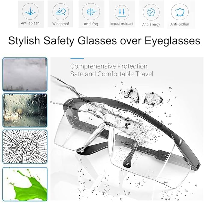 mozeeda Safety Glasses, Anti-fog Eye Protective Glasses Scratch Resistant Clear Wraparound Lenses Safety Goggles and No-Slip Grips, Adjustable Temples Lab Goggles