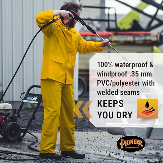 Pioneer Waterproof PVC Work Suit for Men – Repel Rain Gear Yellow Safety Jacket and Bib Pants - 3 PC Set With Detachable Hood - X-Large