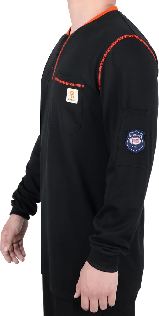 BOCOMAL FR Shirts for Men CAT2 5.5oz Long Sleeve Henley Workwear Flame Resistant Fire Retardant Shirt