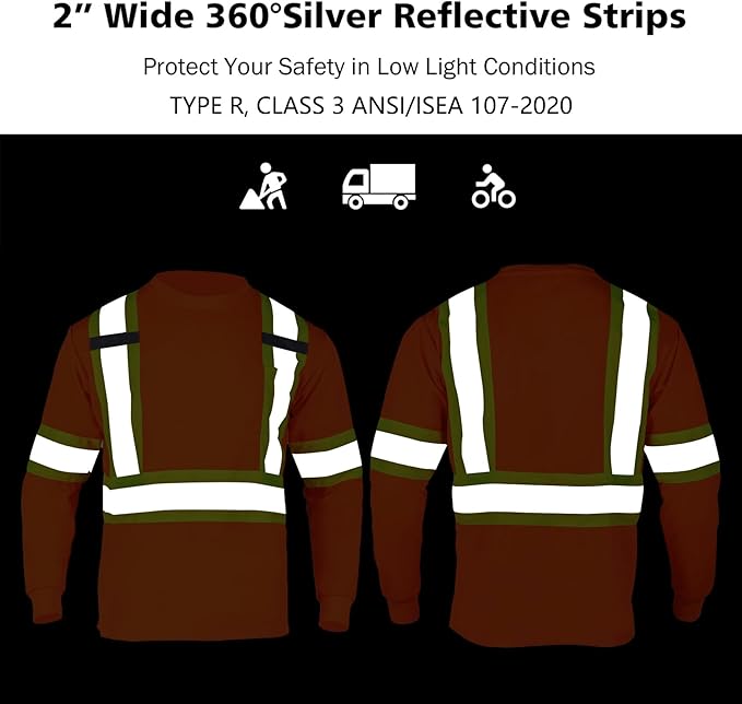 VENDACE Men's High Vis Safety Work T Shirt ANSI Class 3 Reflective Long Sleeve Shirt with Pocket(Orange,3XL)
