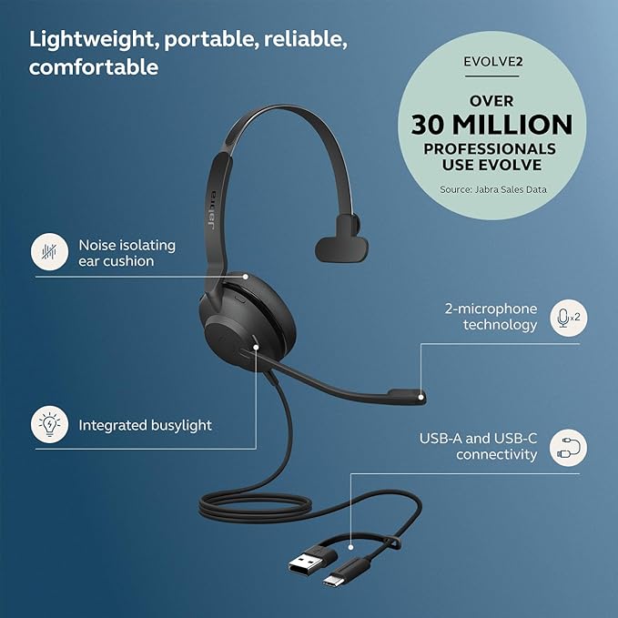 Jabra Evolve2 30 SE (2025 Version) Wired Single-Ear Headphones with Microphone for Work –Computer Headset - USB-A and USB-C Cable - Microsoft Teams Certified - Works with All Meeting Platforms – Black