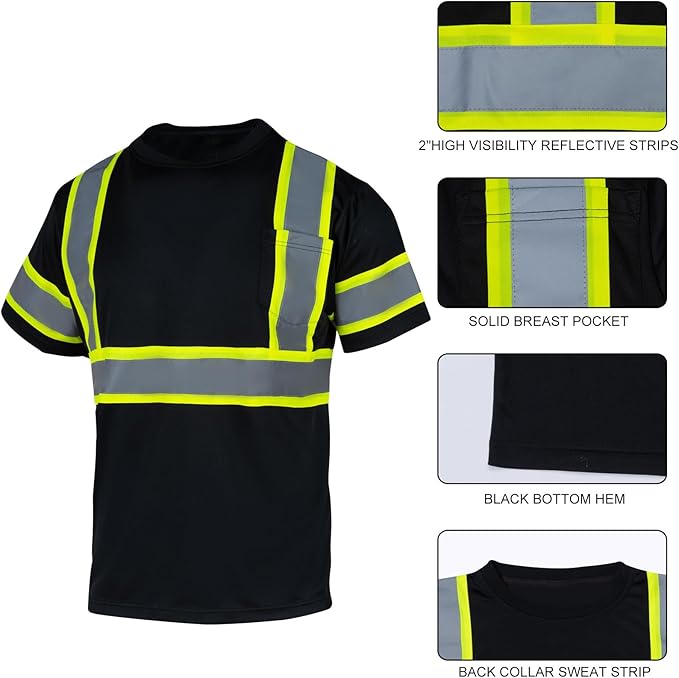 VENDACE Men's High Vis Class 2 Safety T Shirt ANSI Reflective Work Short Sleeve Shirt with Black Bottom(Black,4XL)