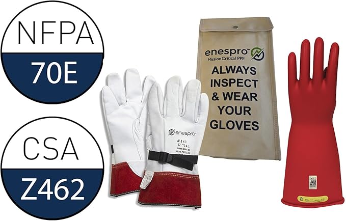 Enespro Class 2 Red Rubber Voltage Insulating Glove Kit with Leather Protectors, Max. Use Voltage 17,000V AC/ 25,500V DC (KITGC2R12)