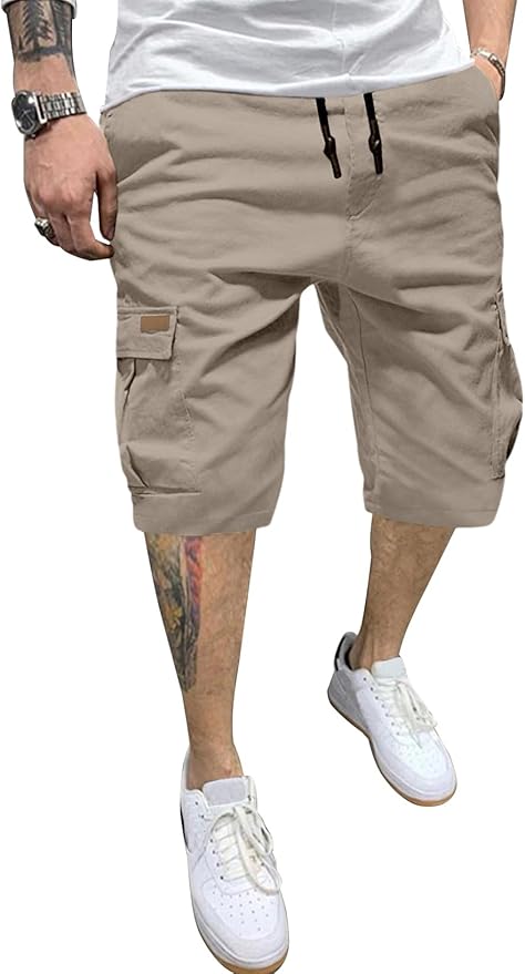 JMIERR Mens Casual Twill Cargo Shorts Cotton Drawstring Classic Cargo Stretch Short with 6 Pockets
