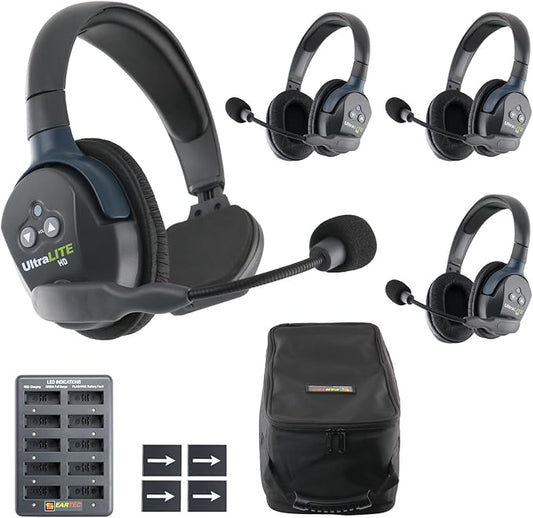 EARTEC UL413 Ultralite-HD 4-Person Full Duplex Wireless Intercom Headset Communication System, Single and Dual Ear Headsets, Up to 1000ft Range, U.S. Company