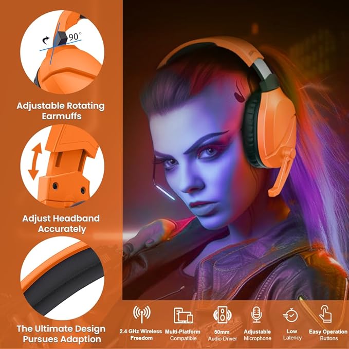 Wireless Gaming Headset with Noise Canceling Microphone for PS5, PC, PS4, 2.4G/Bluetooth Gaming Headphones with USB and Type-c Connector, Wired Mode for Controller - Orange