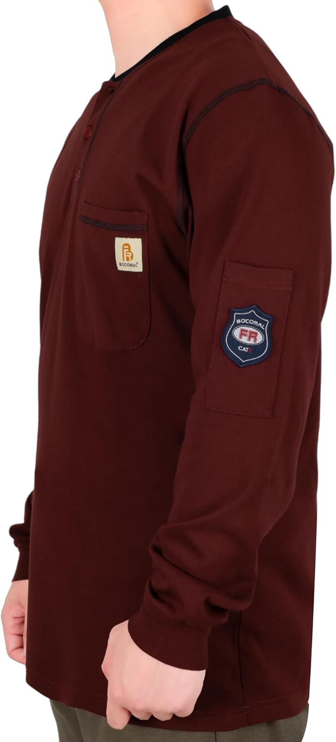 BOCOMAL FR Shirts for Men CAT2 5.5oz Long Sleeve Henley Workwear Flame Resistant Fire Retardant Shirt