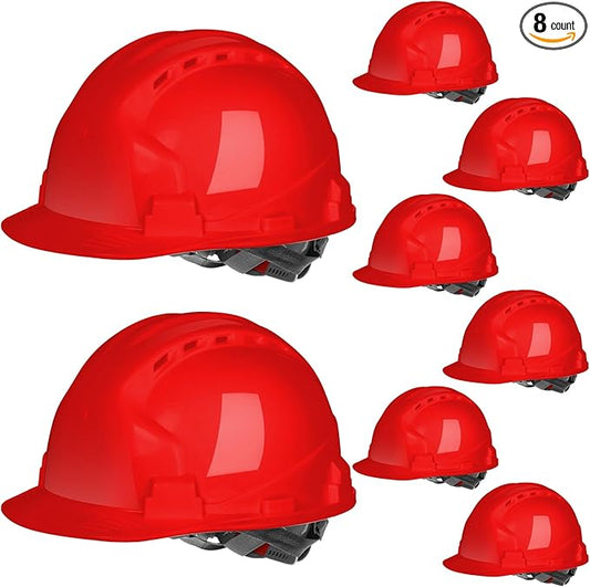 Leumoi 8 Pieces 4 Pt. Suspension Hard Hat Bulk Safety Helmets Adjustable Ratchet Hard Hats with Vents and Cotton Brow Pad ABS Construction Hardhats for Men Work Head Protection Supplies