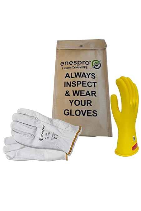 Class 0 Yellow Rubber Voltage Insulating Glove Kit with Leather Protectors, Max. Use Voltage 1,000V AC/ 1,500V DC, KITGC0Y08