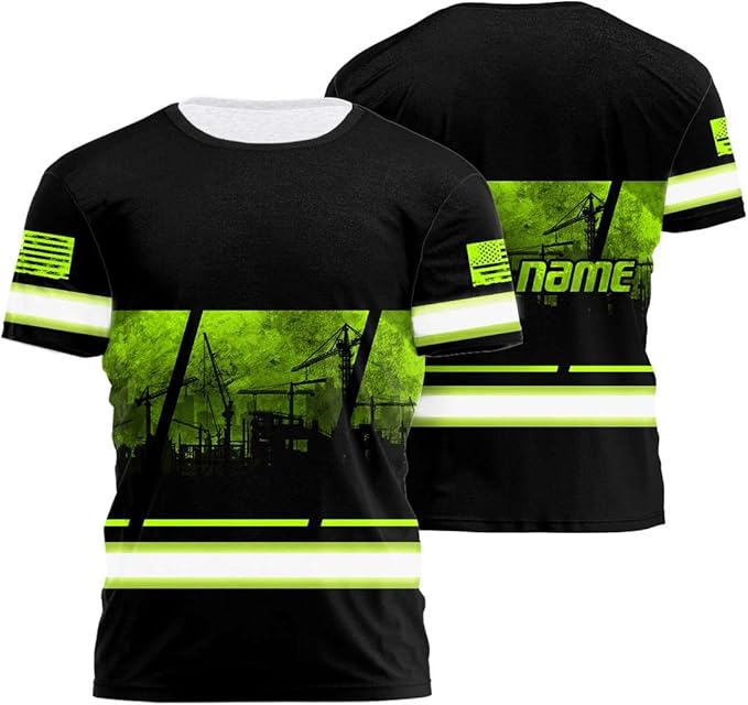 Matedecor Skull High Visibility Shirt Men Reflective Safety Shirts US Flag Custom Name Workwear, Runners, Walkers, Patriotic