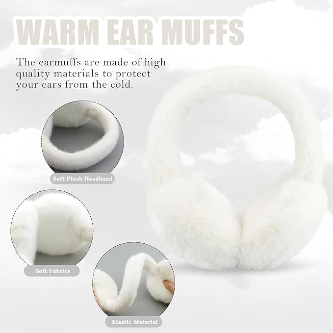 Winter Ear Muffs for Women Girls Faux Fur Cute White Earmuffs Fluffy Ear Warmers Foldable Ear Covers Outdoor