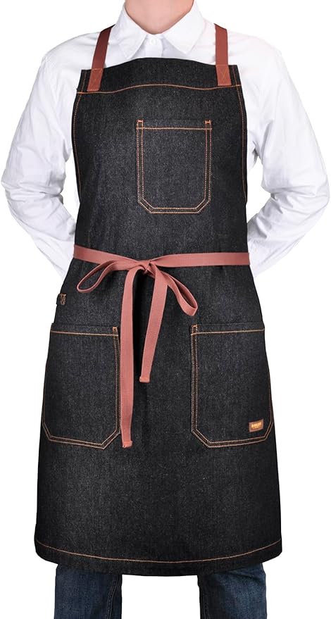 Denim Chef Apron with Pockets, Mens Womens Professional Kitchen Bib Black Apron for Cooking Grill BBQ Server, with Cross Back Straps and Towel Loop