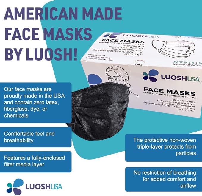 Face Masks Disposable Made in USA, 3 Ply Disposable Masks 50pcs,Adult Mask, Kids Mask, Black Masks, White Masks
