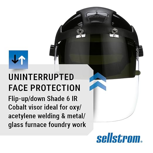 Sellstrom DP4 Face Shield - Lightweight Mask with High Impact Crown & Ratchet Headgear for Work, Grinding, Plasma/Flame Cutting - ANSI Z87.1 - Clear Anti Fog Polycarbonate Window - UV/IR Flip Up Visor