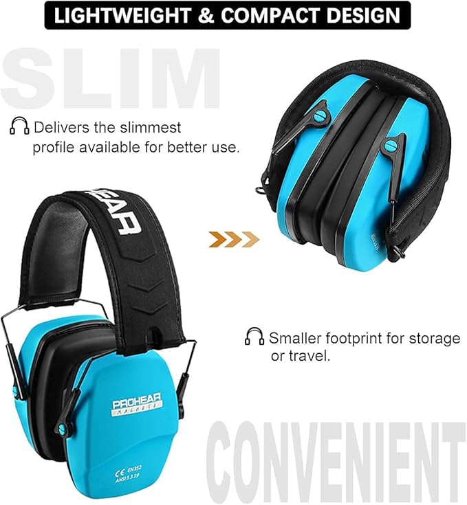 PROHEAR 016 Ear Protection Safety Earmuffs for Shooting, NRR 26dB Noise Reduction Slim Passive Hearing Protector with Low-Profile Earcups, Compact Foldable Ear Defenders for Gun Range, Hunting (Blue)