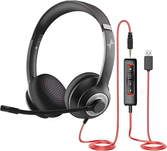 USB Headset with Microphone for PC, On-Ear Computer Laptop Headphones with Noise Cancelling Microphone in-line Control for Home Office Online Class Skype Zoom (USB+3.5mm, Black)