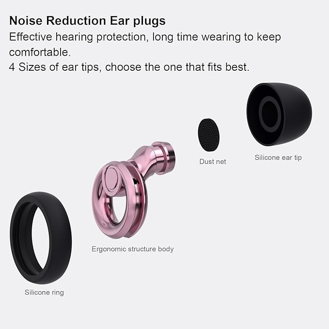 Plus Ear Plugs Noise Cancelling 2 Sets, Soft Silicone Ear Plugs for Sleeping, Noise Sensitivity, Reusable Concerts Ear Plugs Hearing Protection 30dB - 8 Pairs Ear Tips in XS/S/M/L - Rose
