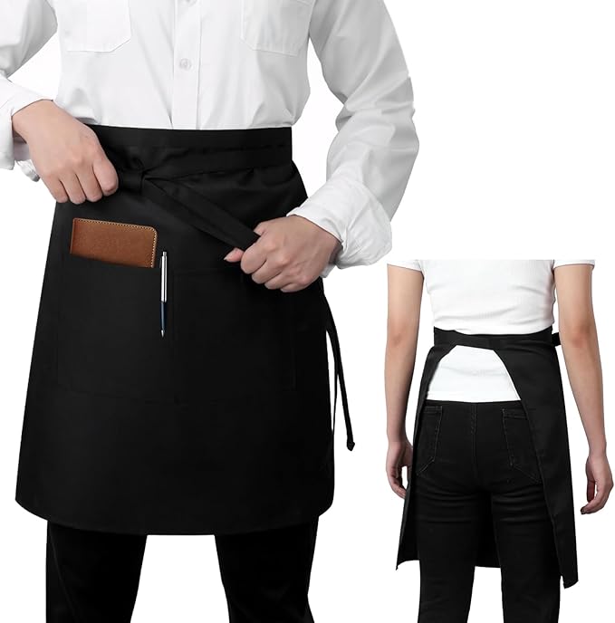 Long Server Apron with 2 Pockets, Extra Long Tie, Lightweight Half Aprons for Men Women Waiter Waitress Chef