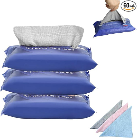 Recycled Microfiber Cleaning Cloths 60-Pack (20 Pink /20 Blue/20 Gray) Pull-Out Packs - 8.66x8.66 Inch, Super Absorbent, Reusable Towels for Kitchen, Car, Glass