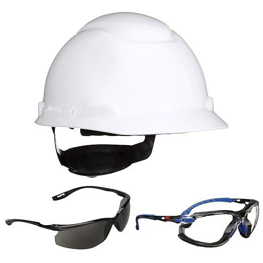3M Hard Hat SecureFit H-701SFR-UV, White, Non-Vented Cap Style Safety Helmet with Uvicator Sensor + 3M Safety Glasses 2-Pack, Anti-Fog, Anti-Scratch, ANSI Z87, Corded Ear Plug Control System
