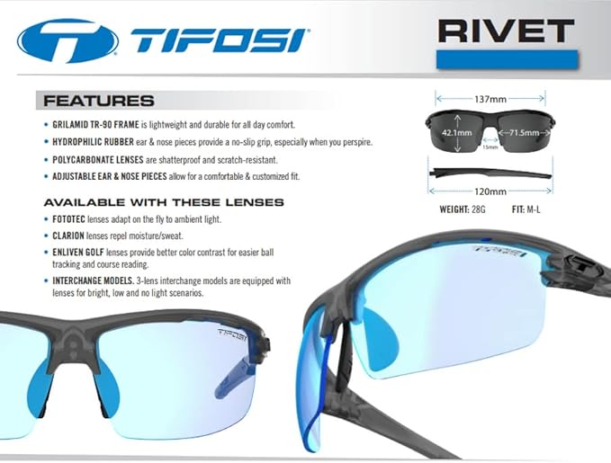 Rivet Sport Sunglasses, Ideal For Cycling, Golf, Pickleball, Running And Tennis