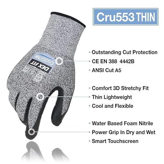 DEX FIT A5 Precision Cut Resistant Gloves Cru553 Thin - 3 Pairs, Firm Grip, 3D-Comfort Fit, Lightweight & Durable, Nitrile Anti-Slip Palms,Touchscreen Compatible for Precision Assembly; Grey XL (10)