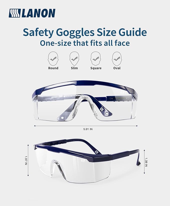 LANON Anti-Fog Safety Goggles with Ajustable Temples, 2.5 Times ANSI Z87.1 Double-sided Antifog, Side Protection, High Transmission, Lightweight & Comfortable Safety Glasses.