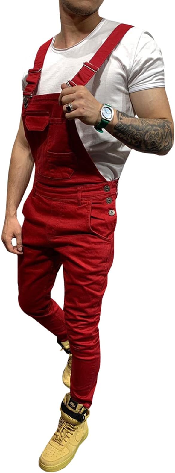 LONGBIDA Men's Denim Bib Overalls Fashion Slim Fit Jumpsuit with Pockets